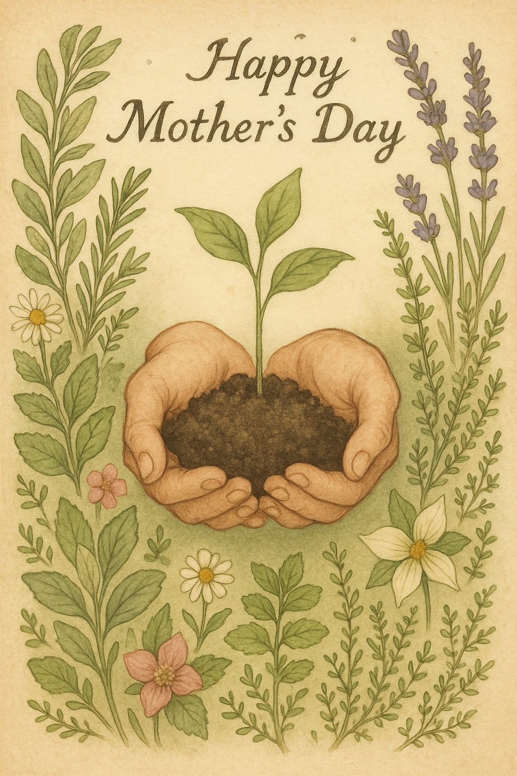 Mother's Day botanical illustration: hands cradling soil with a young plant emerging, surrounded by herbs